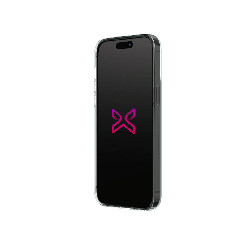 iPhone 14 Pro Max noir sidéral avec la coque e-GTX Clear MagSafe de face