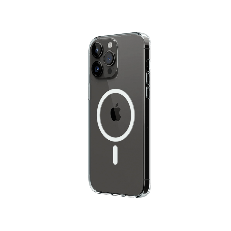 iPhone 14 Pro Max noir sidéral avec la coque e-GTX Clear MagSafe de dos